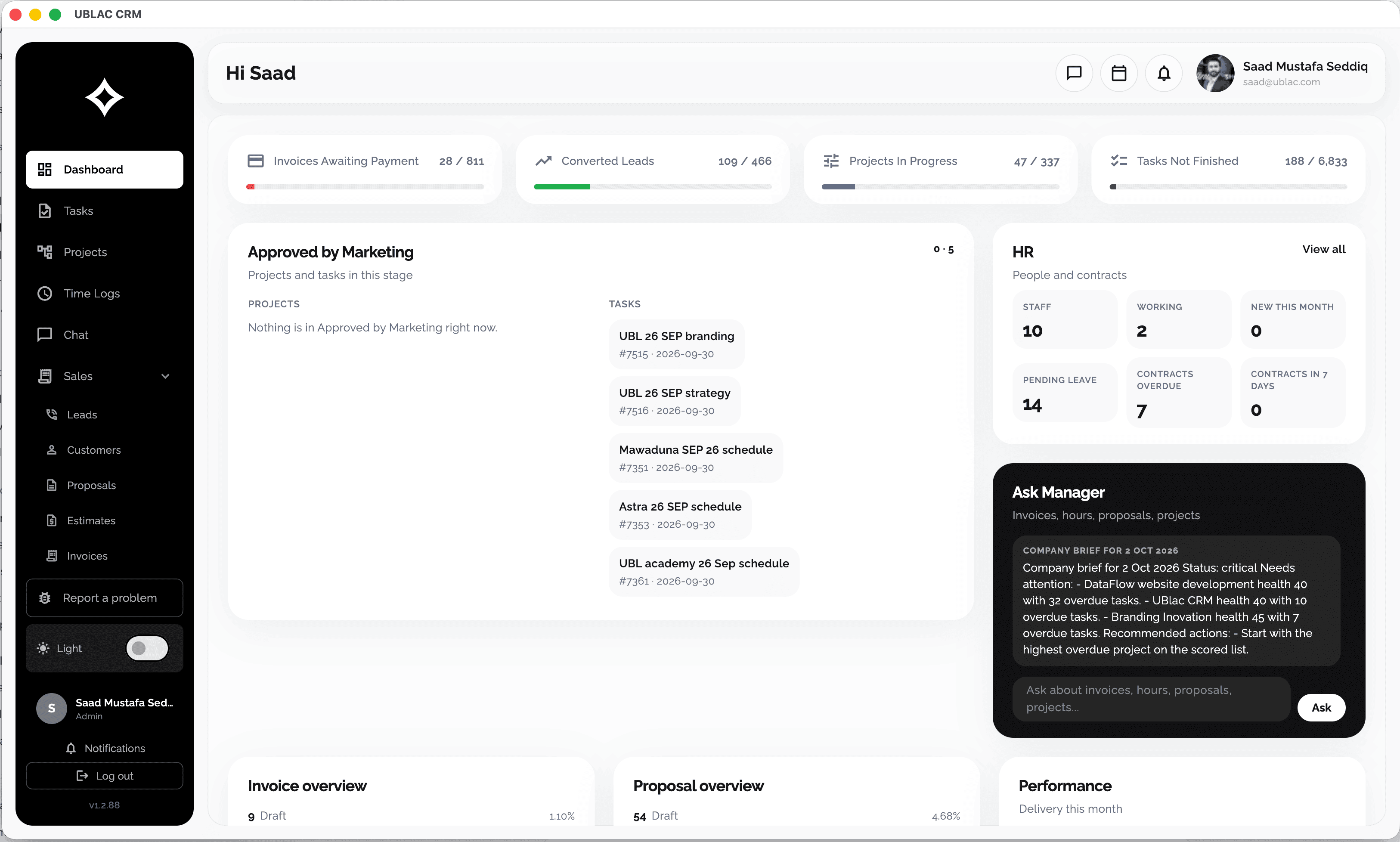 UBlac CRM dashboard with Ask Manager, KPI bars, and HR widgets