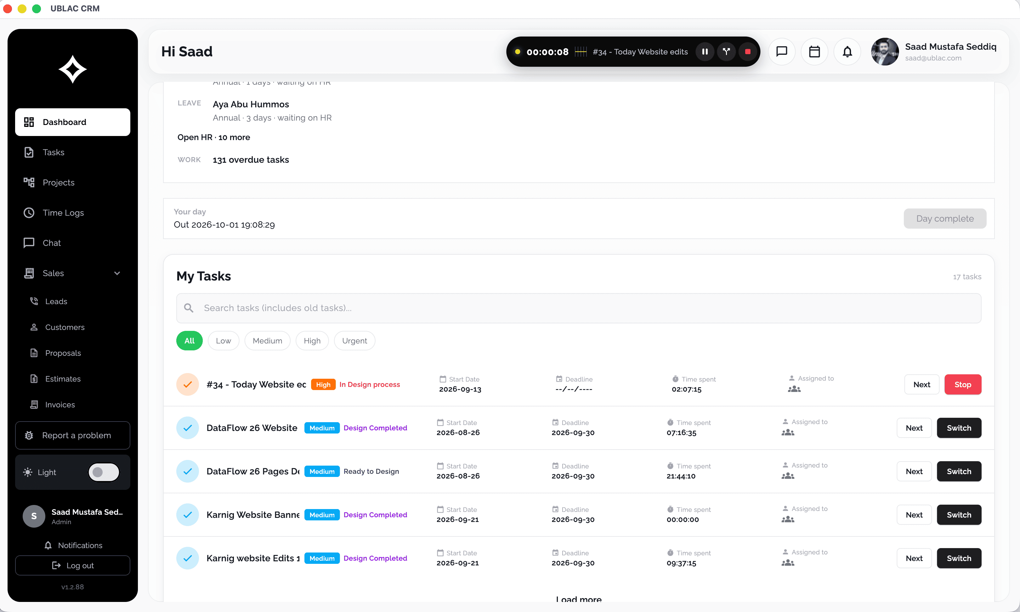 UBlac CRM tasks list with live timer