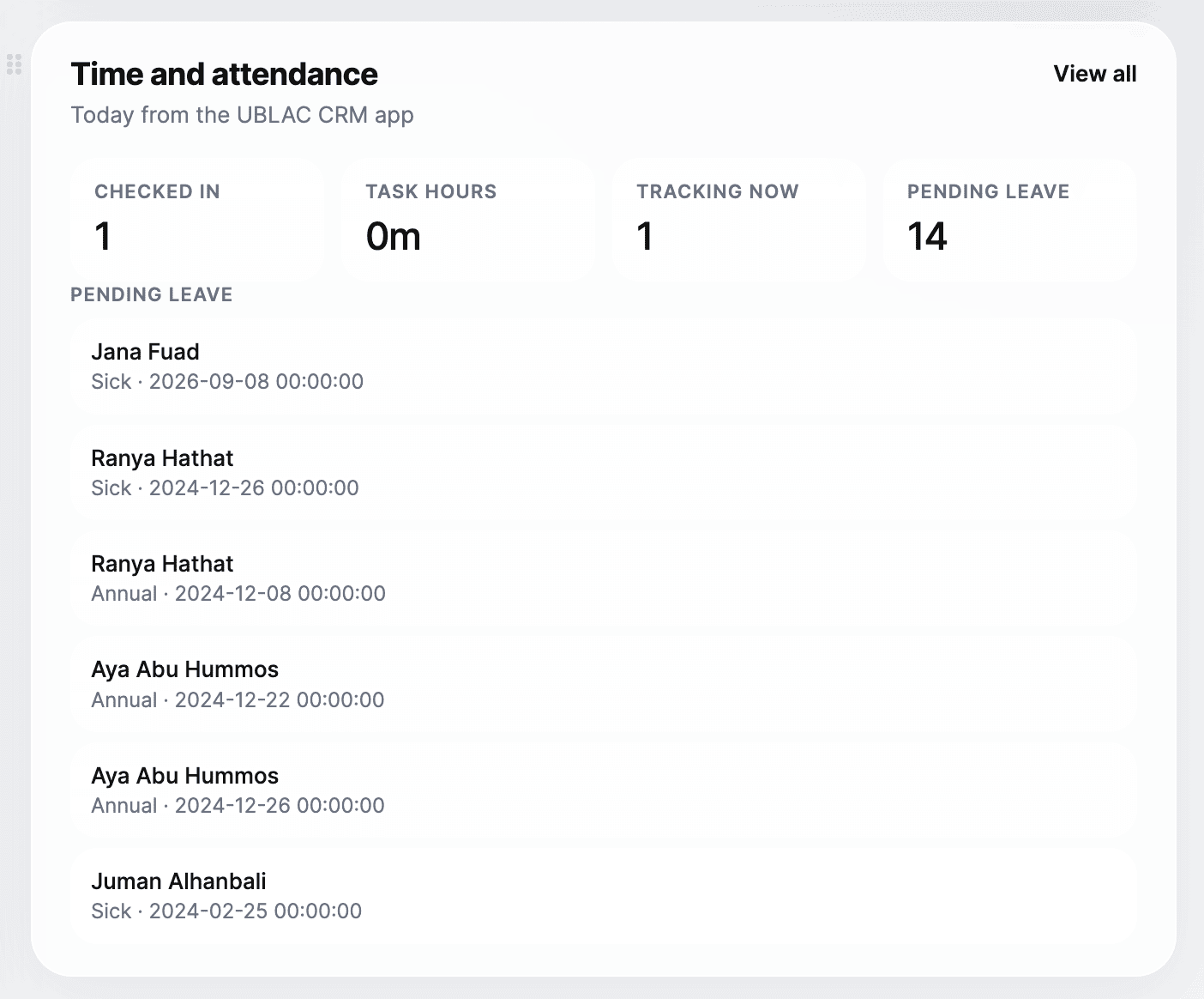 Time and attendance widget in UBlac CRM
